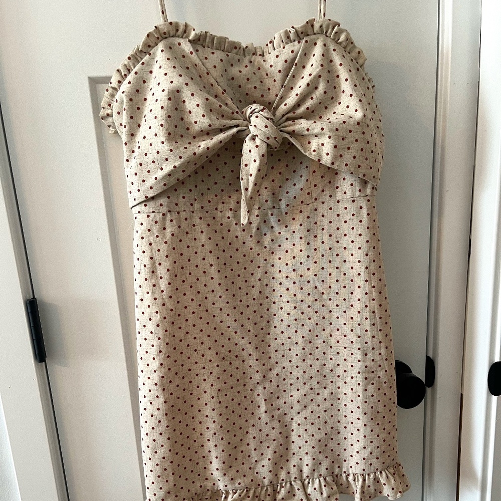 Essue Cotton Linen FrontTie Spaghetti Strap Dress Medium Summer Darling Polkadot